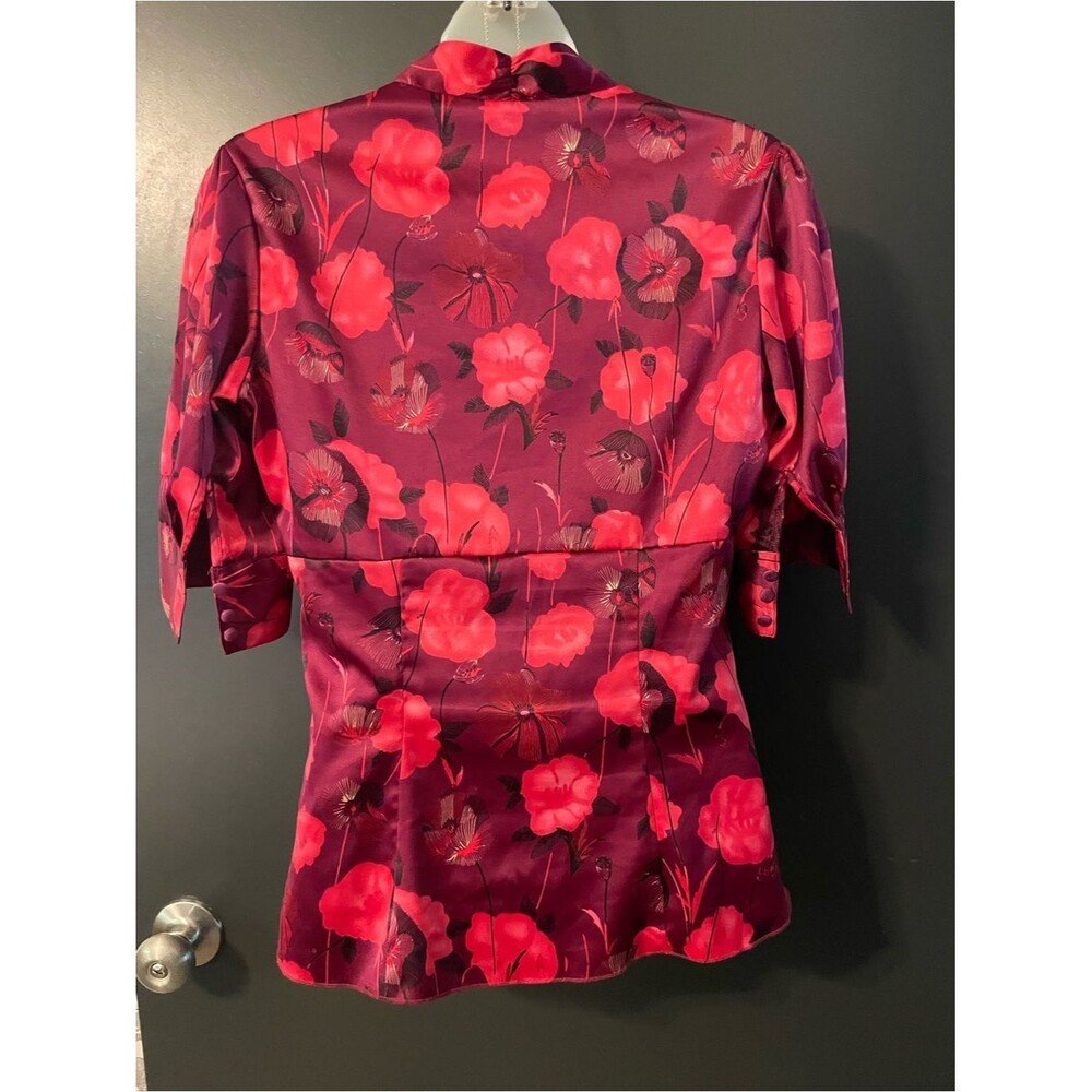 Guess Adele Floral Satin Peplum Top Blouse Women’s Small Wine Red Cocktail - Picture 5 of 10